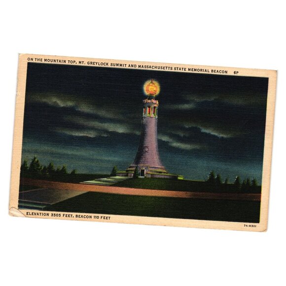 On The Mountain Top Mt Greylock Summit MA State Memorial Beacon Postcard WMNB - Picture 1 of 2